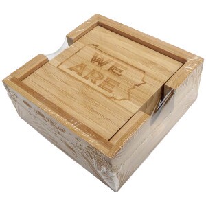 set of 4 bamboo coasters with PA state outline and We Are